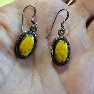 MT Sterling Silver Oval Dangling Bumble Bee Jasper Earrings Vintage